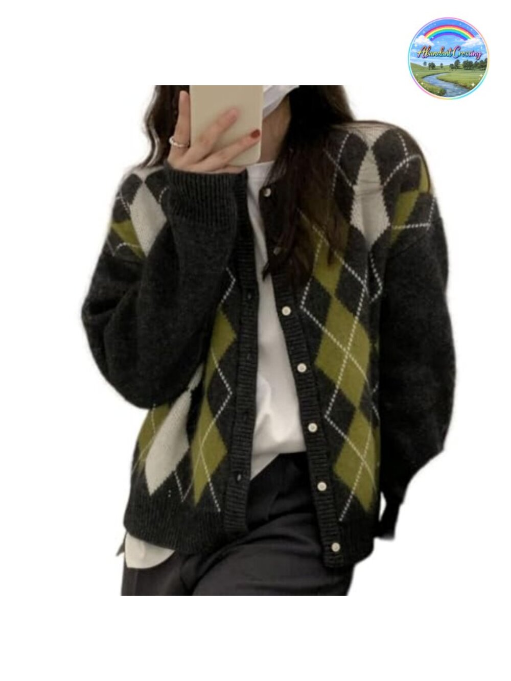 Chunky Knit Cardigan with Argyle Plaid Pattern, V-Neck Button Front, Preppy Y2K